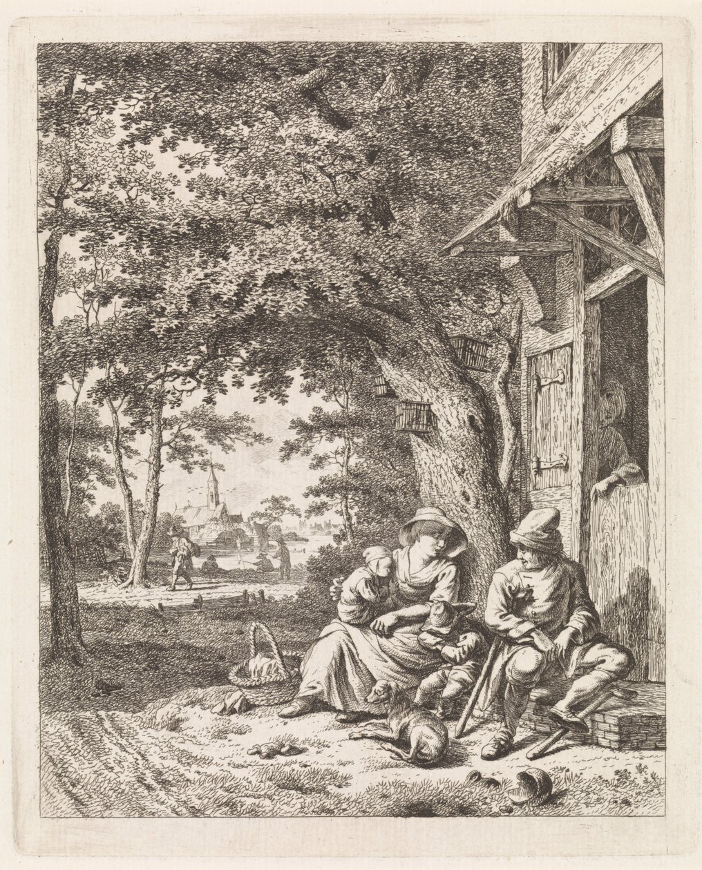 Familj med hund, sitter framför ett hus Landskap med figurer (serietitel) av Leendert Overbeek