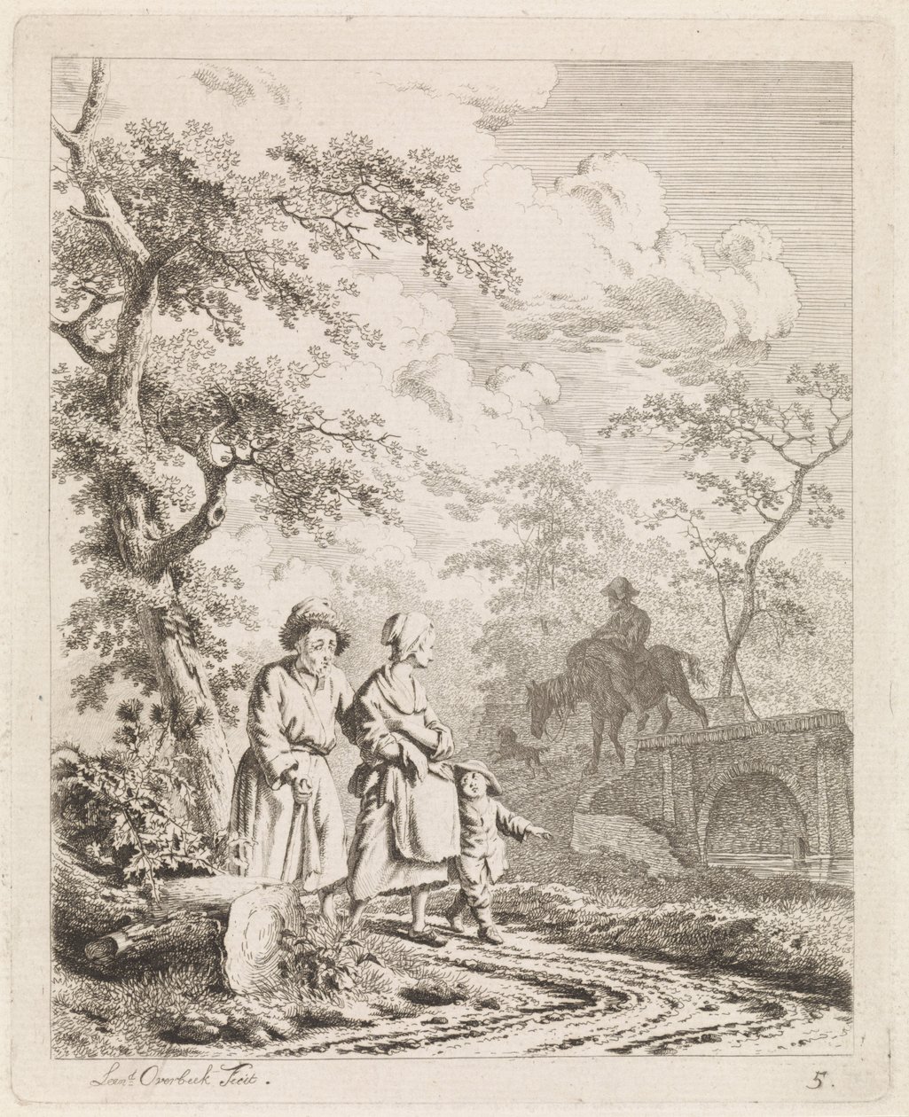 Gammal man, kvinna och barn på en skogsstig Landskap med figurer (serietitel) av Leendert Overbeek
