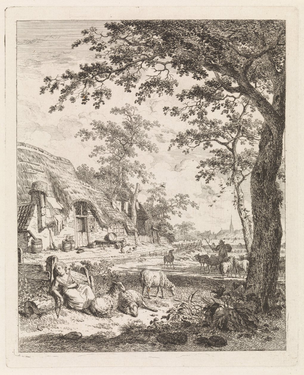 Herdinna med får framför en gård Landskap med figurer (serietitel) av Leendert Overbeek