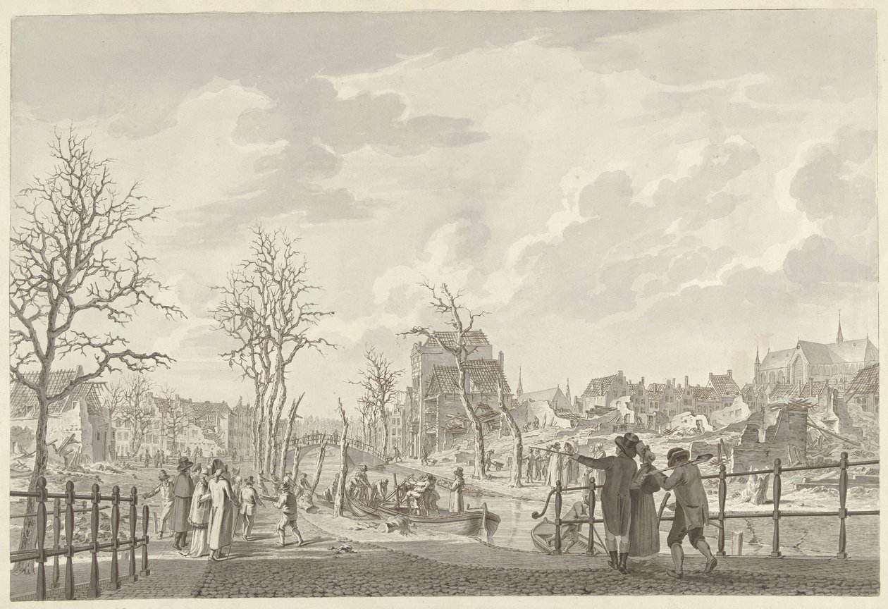 Ruiner på Rapenburg i Leiden, efter krutkatastrofen den 12 januari 1807 av Leendert Overbeek
