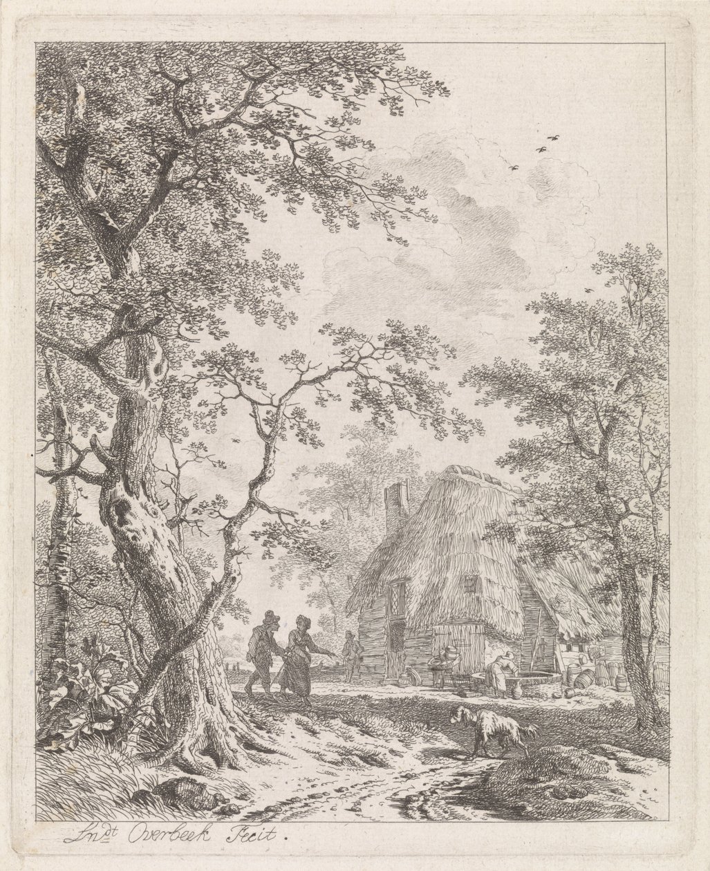 Två vandrare på en gård Landskap med figurer (serietitel) av Leendert Overbeek