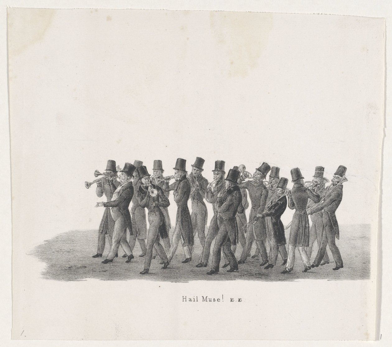 Musiker i processionen av Leiden-studenter, 1835 Hej Muse! (titel på objekt) De enskilda föreställningarna som de uppstigningar innehas av H.H. Elever vid Leidsche Hoogeschool den 9 februari 1835, stängd (serietitel på objekt) av Leendert Springer (I)