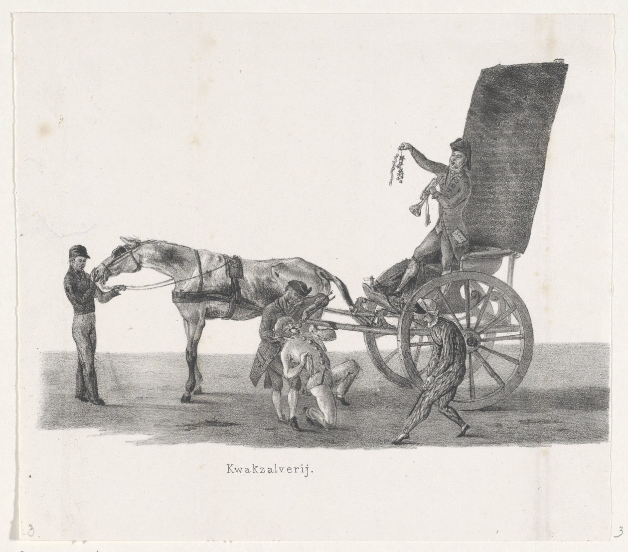 Shees med en kvacksalvare, 1835 kvacksalveri (titel på objekt) De separata föreställningarna, som paraden, som hålls av H.H. Elever vid Leidsche Hoogeschool den 9 februari 1835, stängd (serietitel på objekt) av Leendert Springer (I)