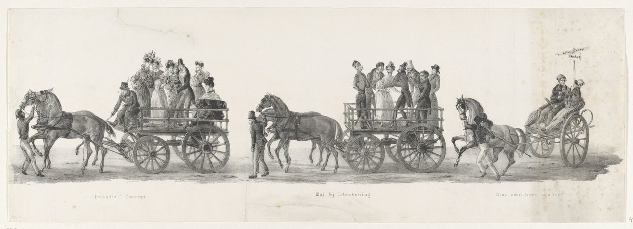 Inbjudan till konsert, balen och berusade studenter, 1835 Inbjudningskonsert / Bal på Inteekening / Deus nobis haec otia fecit (titel på objekt) De enskilda föreställningarna som de uppstigningar innehas av H.H. Studenter vid Leidsche Hoogeschoo av Leendert Springer (I)