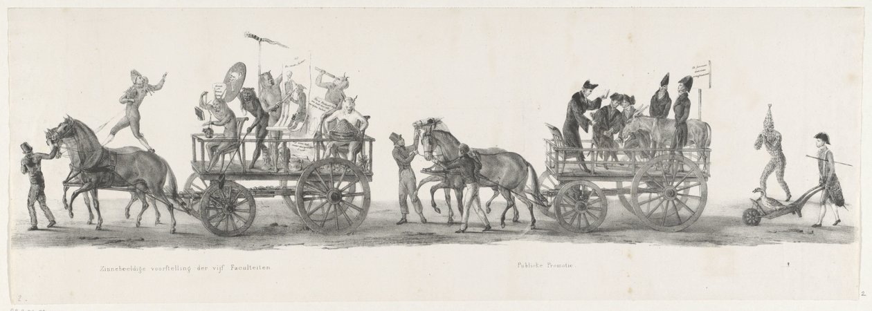 Fem fakulteter och en offentlig befordran, 1835 Symbolisk representation av de fem fakulteterna / Offentlig främjande (titel på objekt) De enskilda föreställningarna som de uppstigningar innehas av H.H. Elever vid Leidsche Hoogeschool den 9 februari: 1 av Leendert Springer (I)