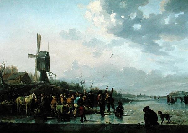 Vinterscen, frusen flod med skridskoåkare (olja på panel) av Leendert de Koningh