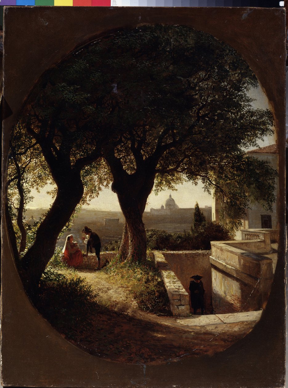 Nära Rom (Italien) (Nära Roma). En kvinna som sitter under träd med en bebis i famnen lyssnar på en man i hatt och cape. En annan man närmar sig dem från trappan. Målning av Lev Felixovich Lagorio (1827-1905), av Lef Feliksovich Lagorio