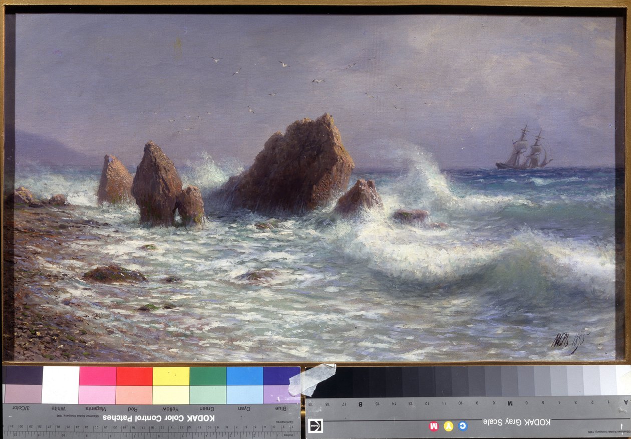 På stranden av Livadia (i Krimbukten, Ukraina) (vid Livadia-stranden). Havslandskap, med en segelbåt i fjärran och Svarta havets vågor som bryter mot reven. Målning av Lev Felixovich Lagorio (1827-1905), olja på duk av Lef Feliksovich Lagorio