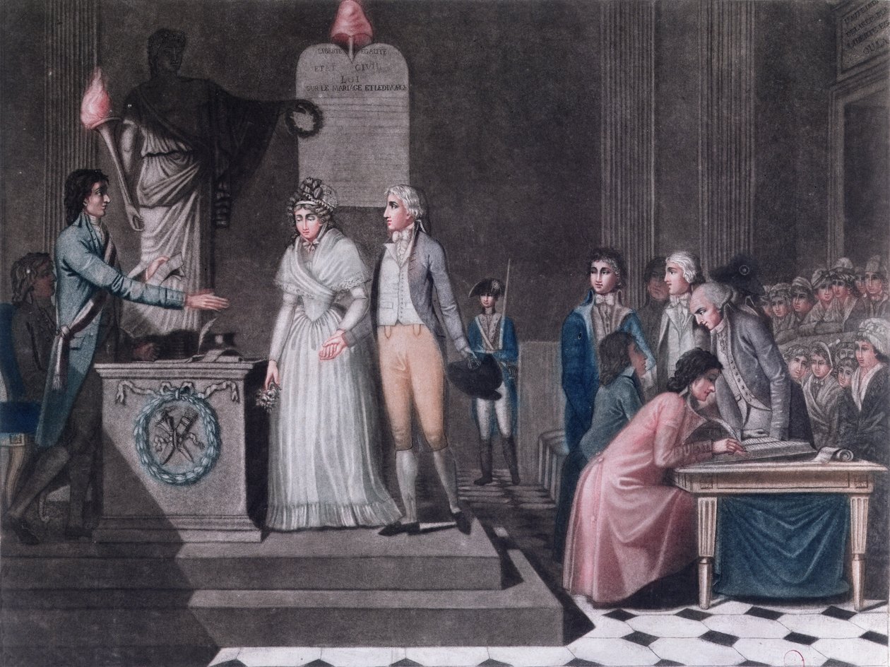 Borgmästare genomför ett republikanskt äktenskap under franska revolutionen, ca 1795 (färgstick) av Legrand