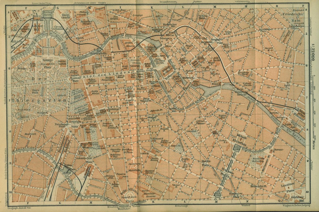Karta över Berlin Center, från en reseguide Baedekers nordöstra Tyskland, 1892 av Leipzig Wagner and Debes