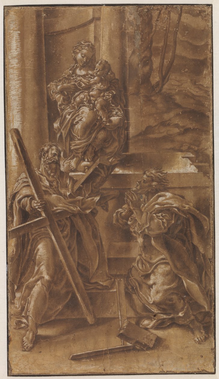 Madonna med barnet och aposteln Andreas (vänster) och Saint Judas (höger) av Lelio Orsi