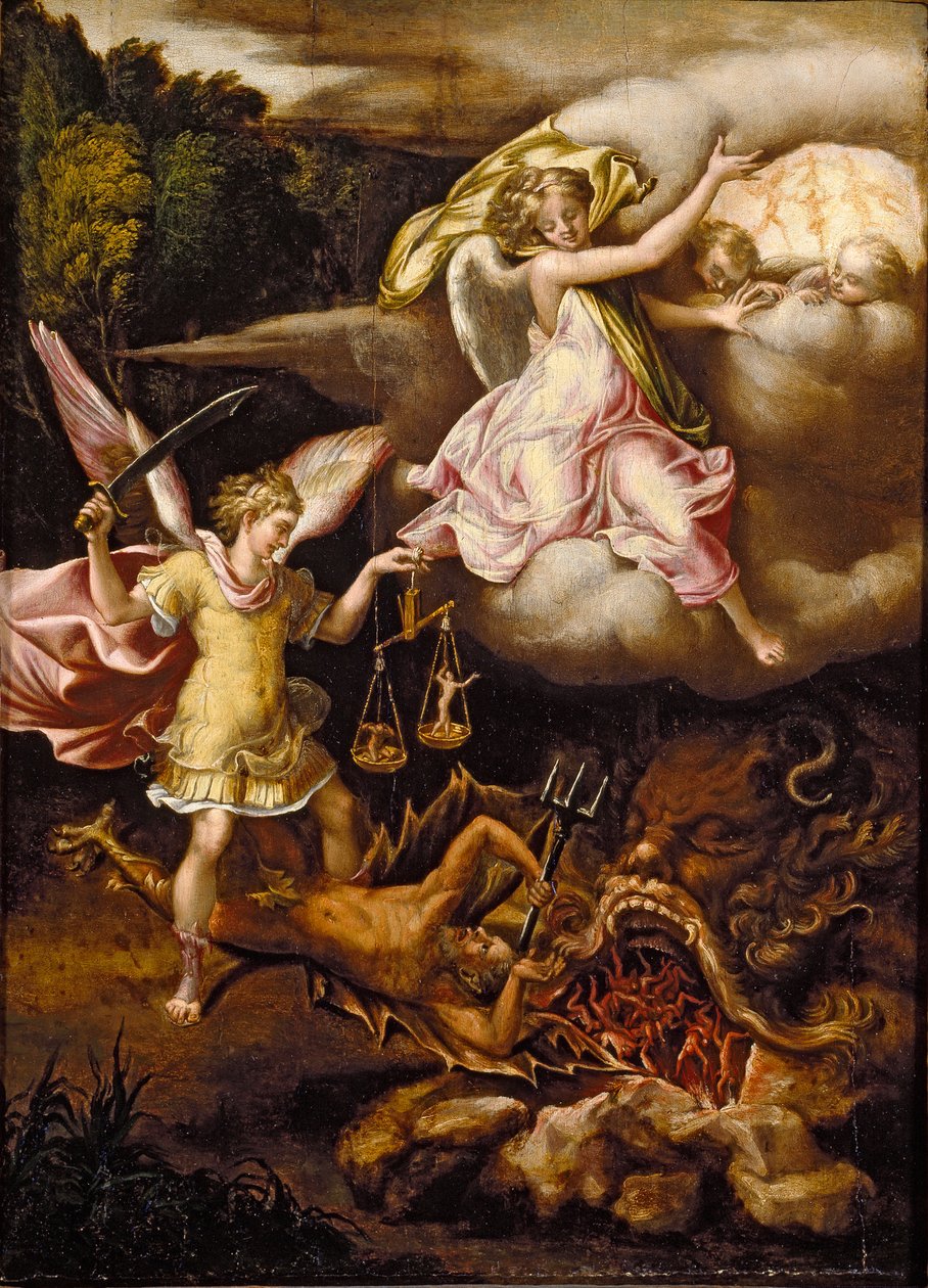 St Michael underkuva Satan och väga de dödas själar, c1540-1549 av Lelio Orsi