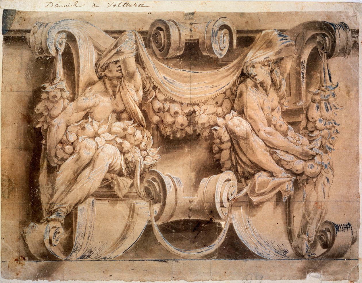 Skiss till en fris med två kariatider, 1546-1554. av Lelio Orsi da Novellara