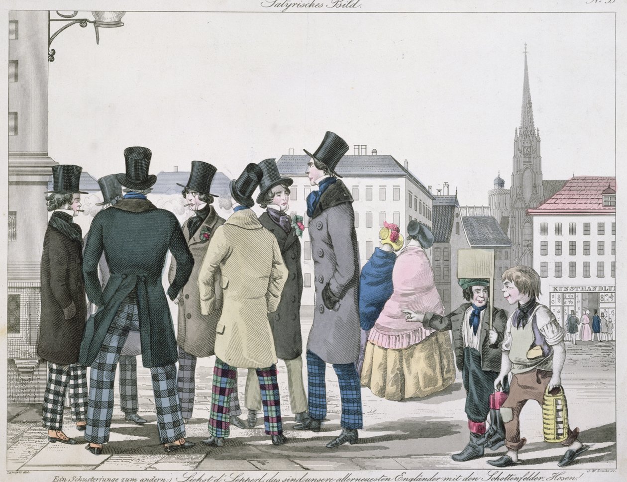 Eleganta män i skotska byxor på Wiens gator, graverad av J. W. Linke, ca 1840 av Lempis