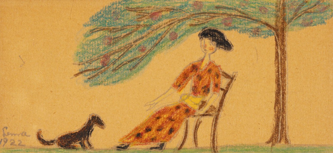 Kvinna och hund under träd av Lenna Glackens