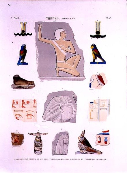 Illustrationer av målade reliefer på sten och träfragment Hypogees, Thebe-platta 47 från Vol II av `Descriptions of Egypt`, graverade av LeRoy av Lenoir (after)