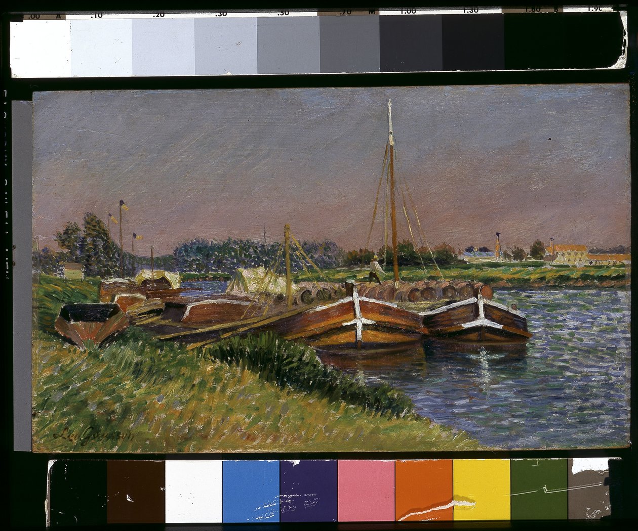Pråmar på Marne vid Lagny (olja på trä) av Leo Gausson