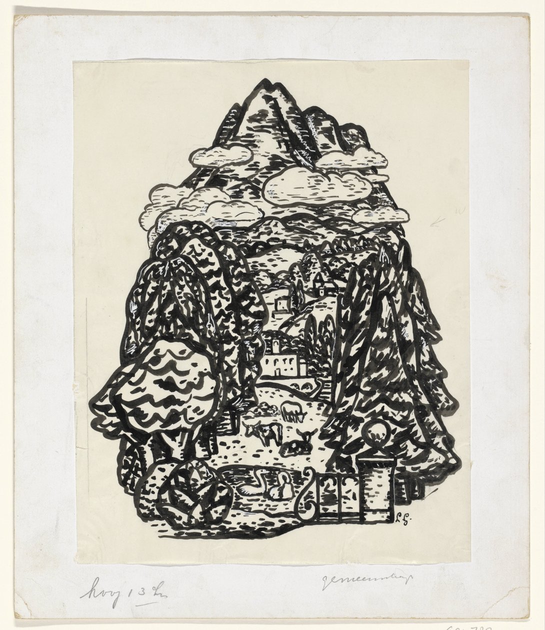 Berglandskap med träd och boskap av Leo Gestel (signed by artist)