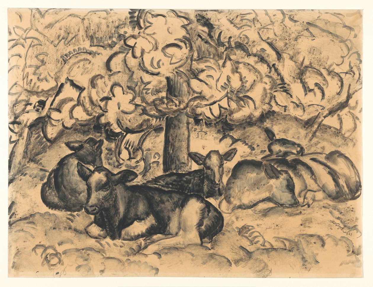 Fruktträdgård med kalvar av Leo Gestel (signed by artist)
