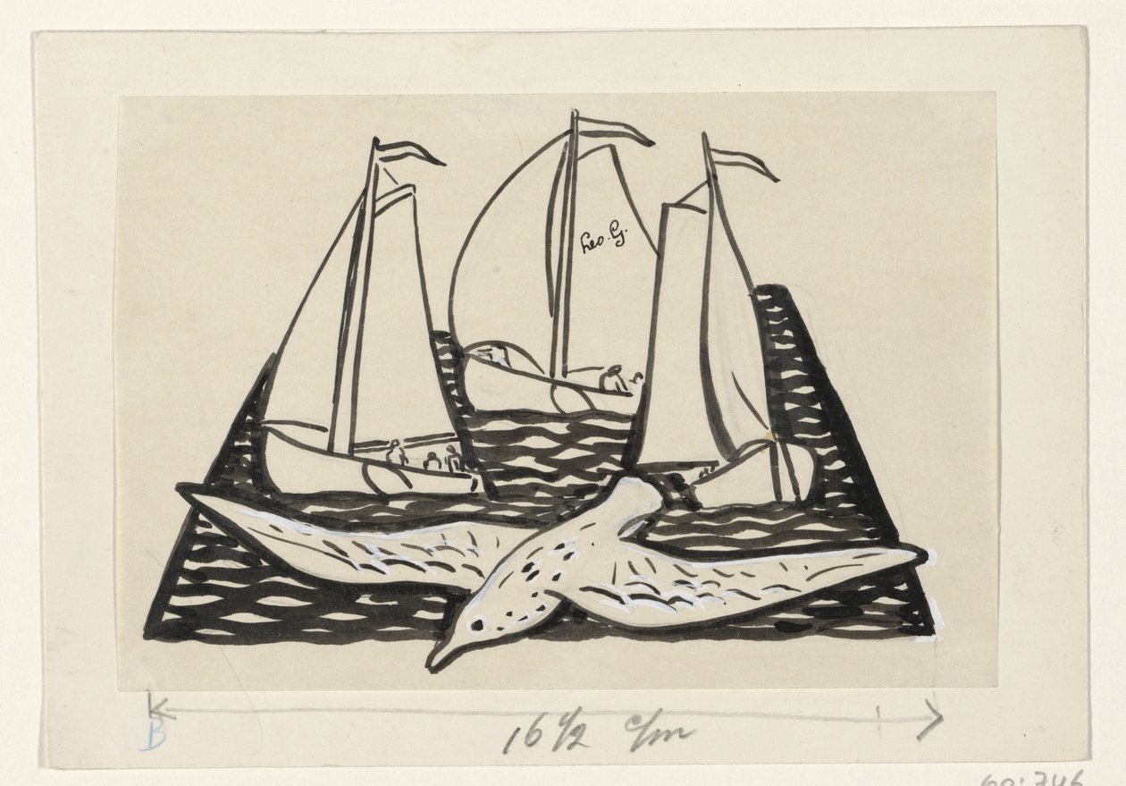 Tre segelfartyg och en mås av Leo Gestel (signed by artist)