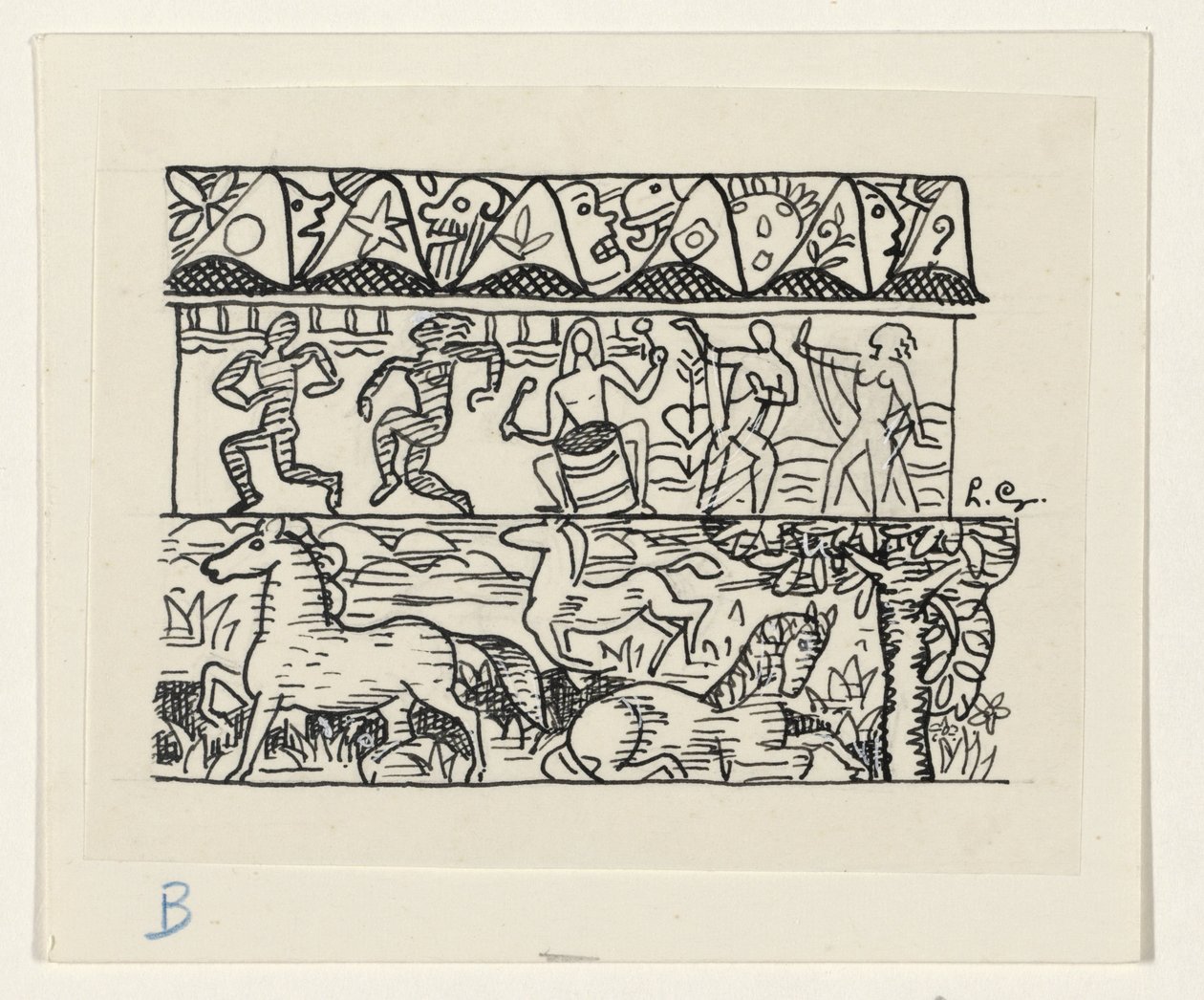 Hästar, dansande människor och masker av Leo Gestel (signed by artist)