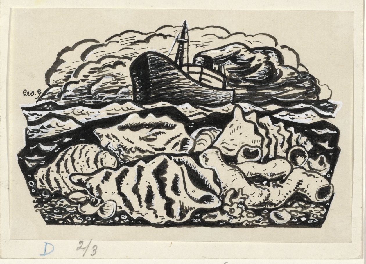 Ångfartyg till havs med snäckor på stranden av Leo Gestel (signed by artist)