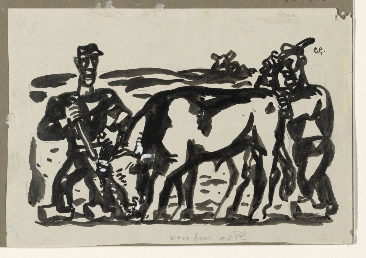 Två bönder med en ko av Leo Gestel (signed by artist)