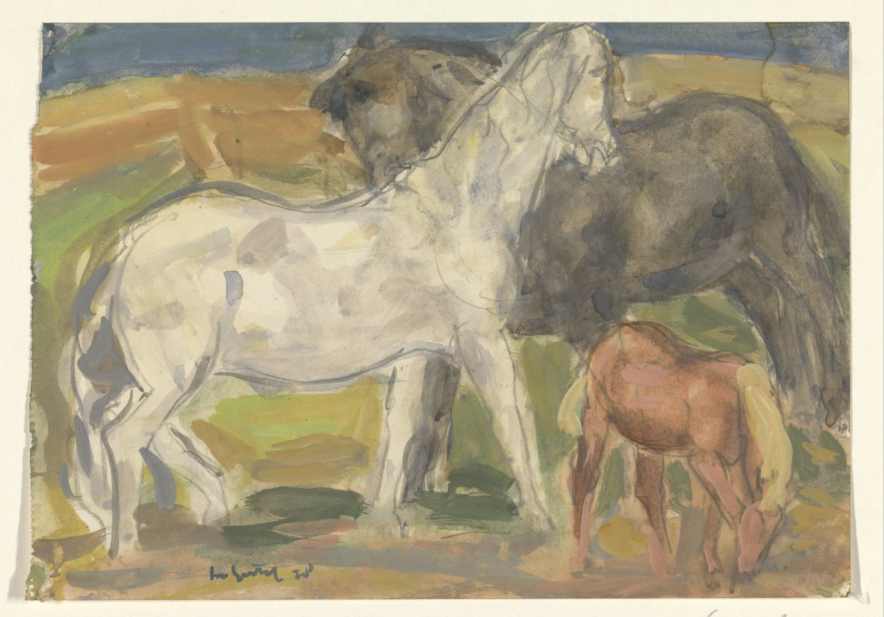 Två hästar och ett föl i ett landskap av Leo Gestel (signed by artist)