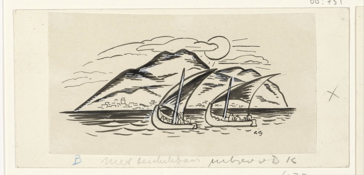 Två segelfartyg framför en ö med berg av Leo Gestel (signed by artist)