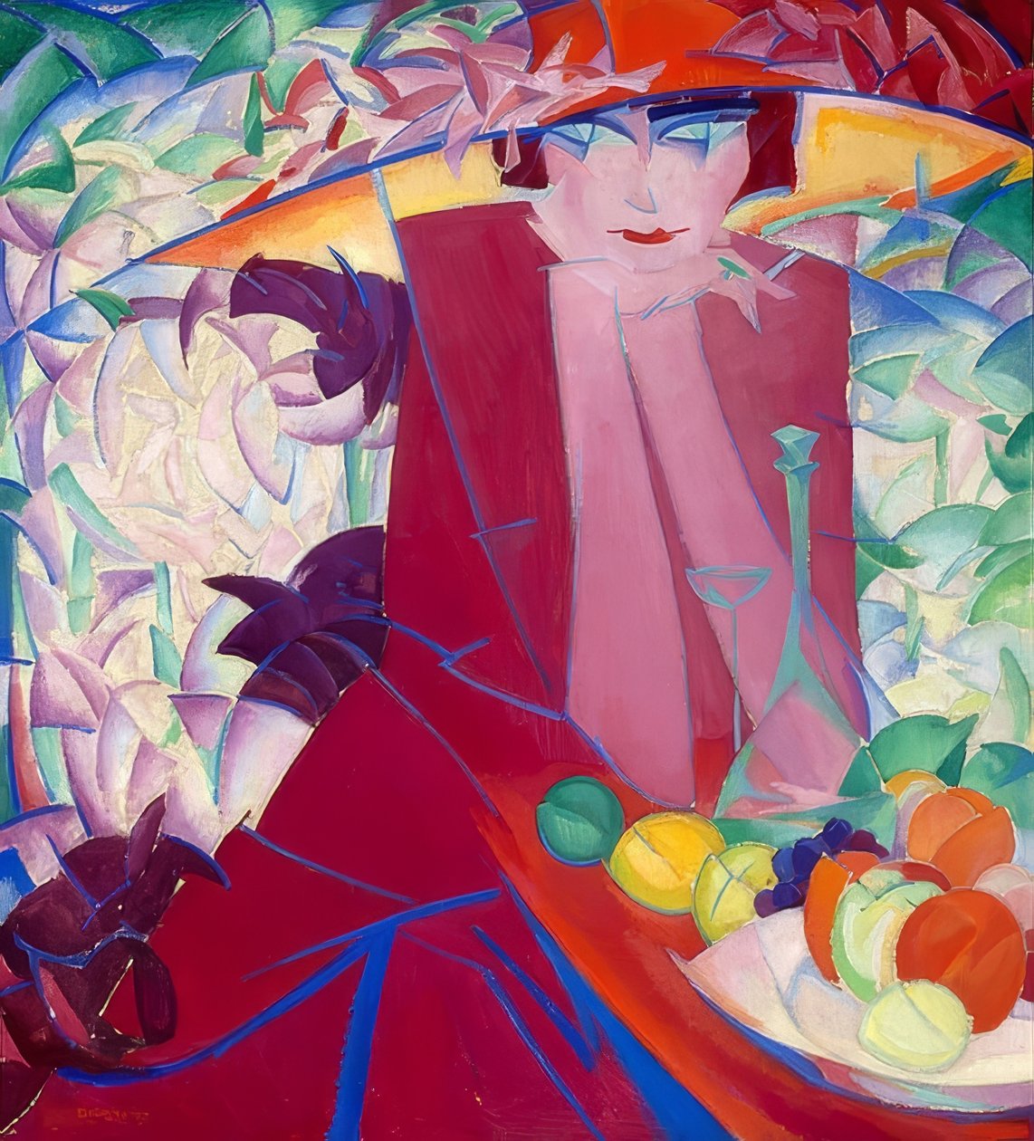 Dam med stor hatt i sommarstugan. 1913 av Leo Gestel