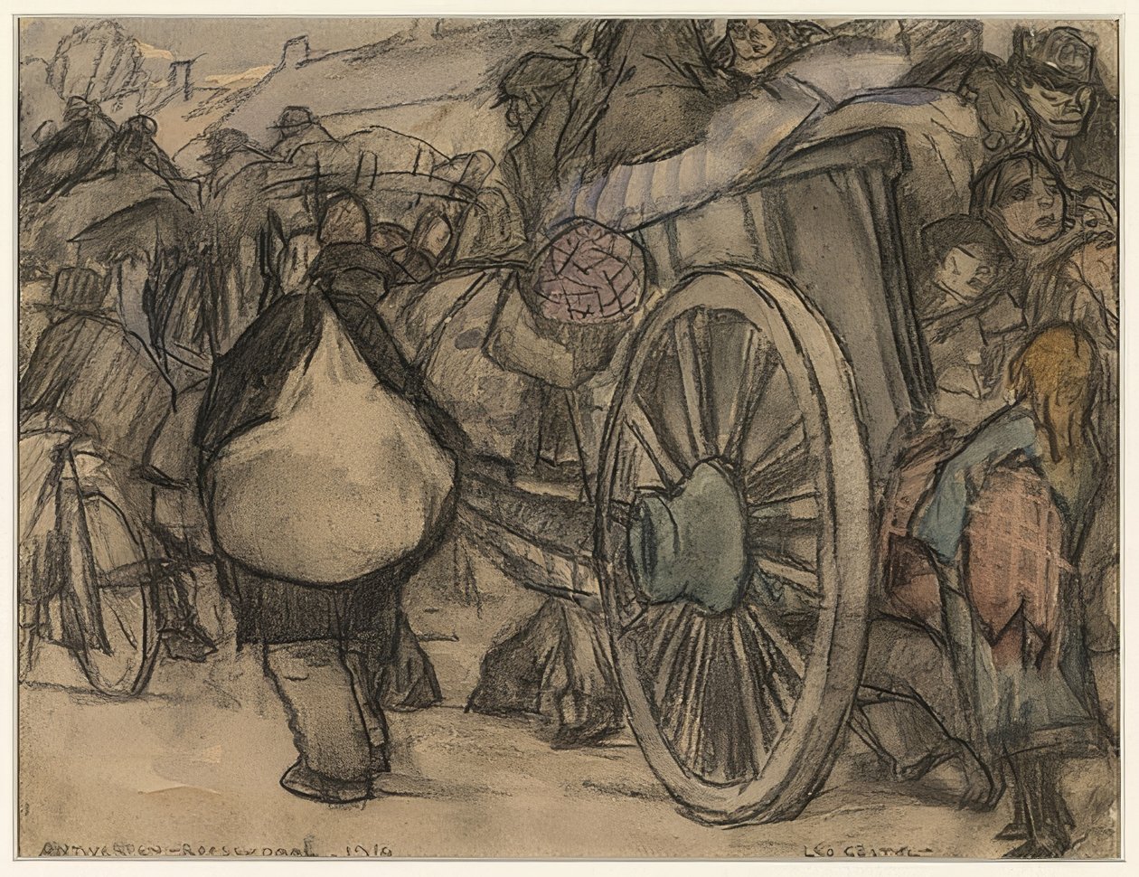 Flüchtlinge auf dem Weg von Amsterdam nach Roosendaal (flyktingar på väg från Antwerpen till Roosendaal). 1914 av Leo Gestel