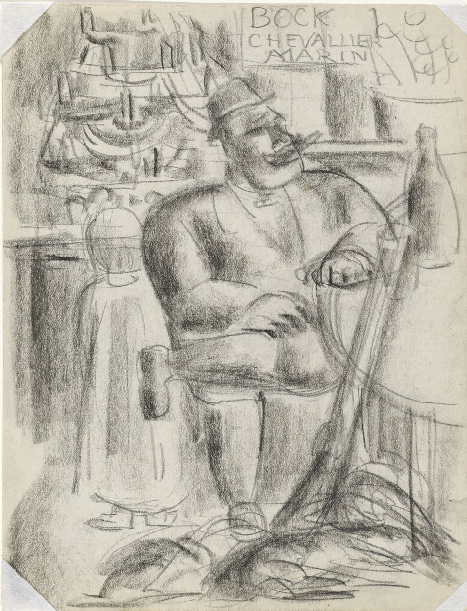 Jägare sitter vid kafébordet, i svart krita Utan titel av Leo Gestel