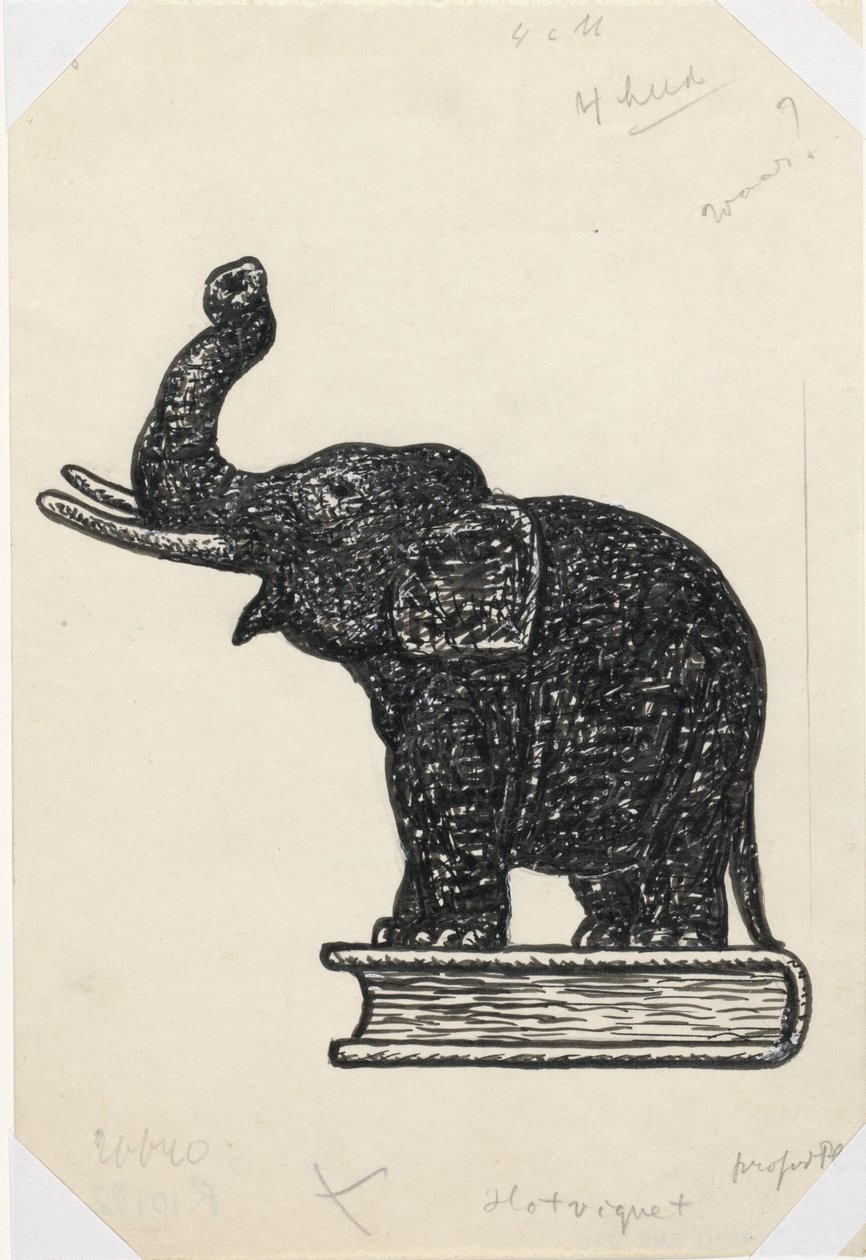 Elefant på bok (skiss) av Leo Gestel