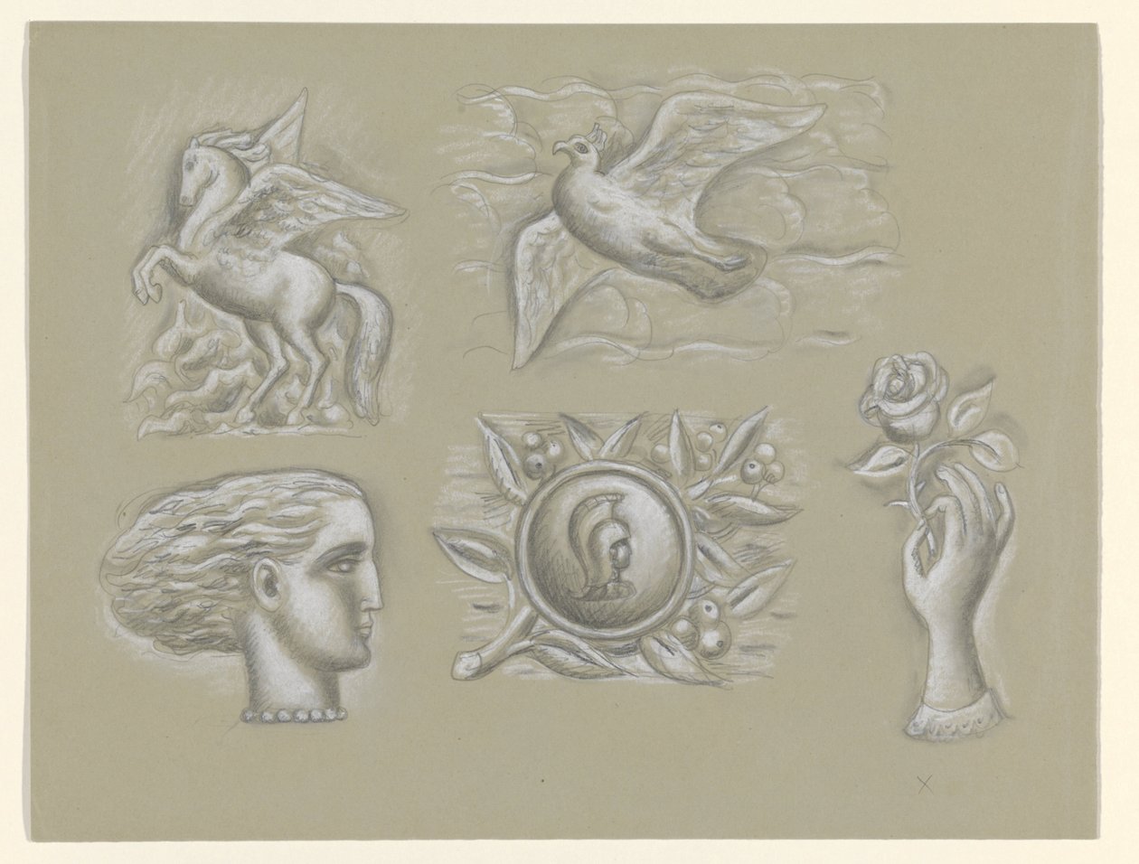 Pegasus, duva, kvinnas huvud, vapen och hand med ros av Leo Gestel