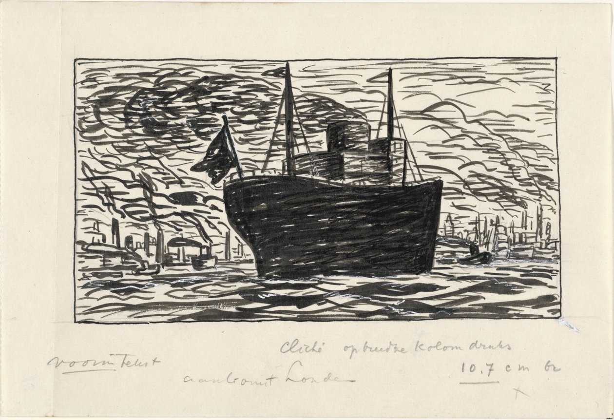 Fartyg går in i Londons hamn (titel på objekt) av Leo Gestel