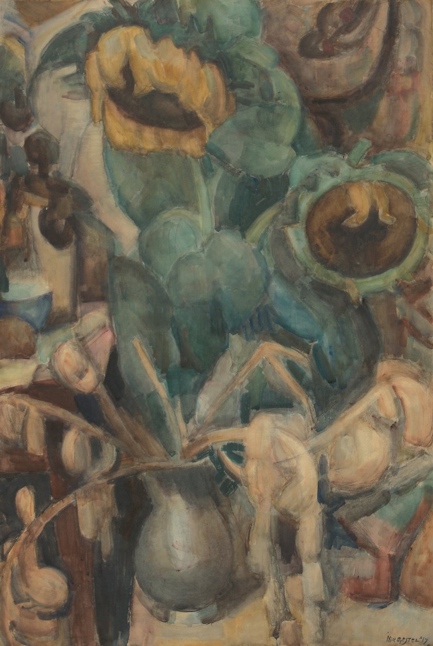 Stilleben med solrosor i en vas av Leo Gestel