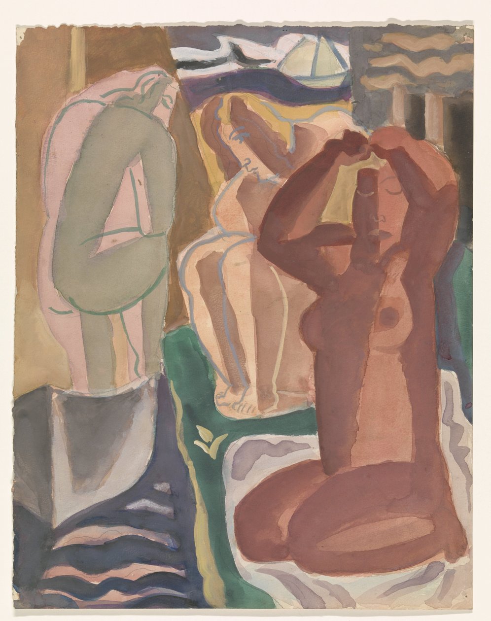 Två badande kvinnor och en ryggfigur av Leo Gestel