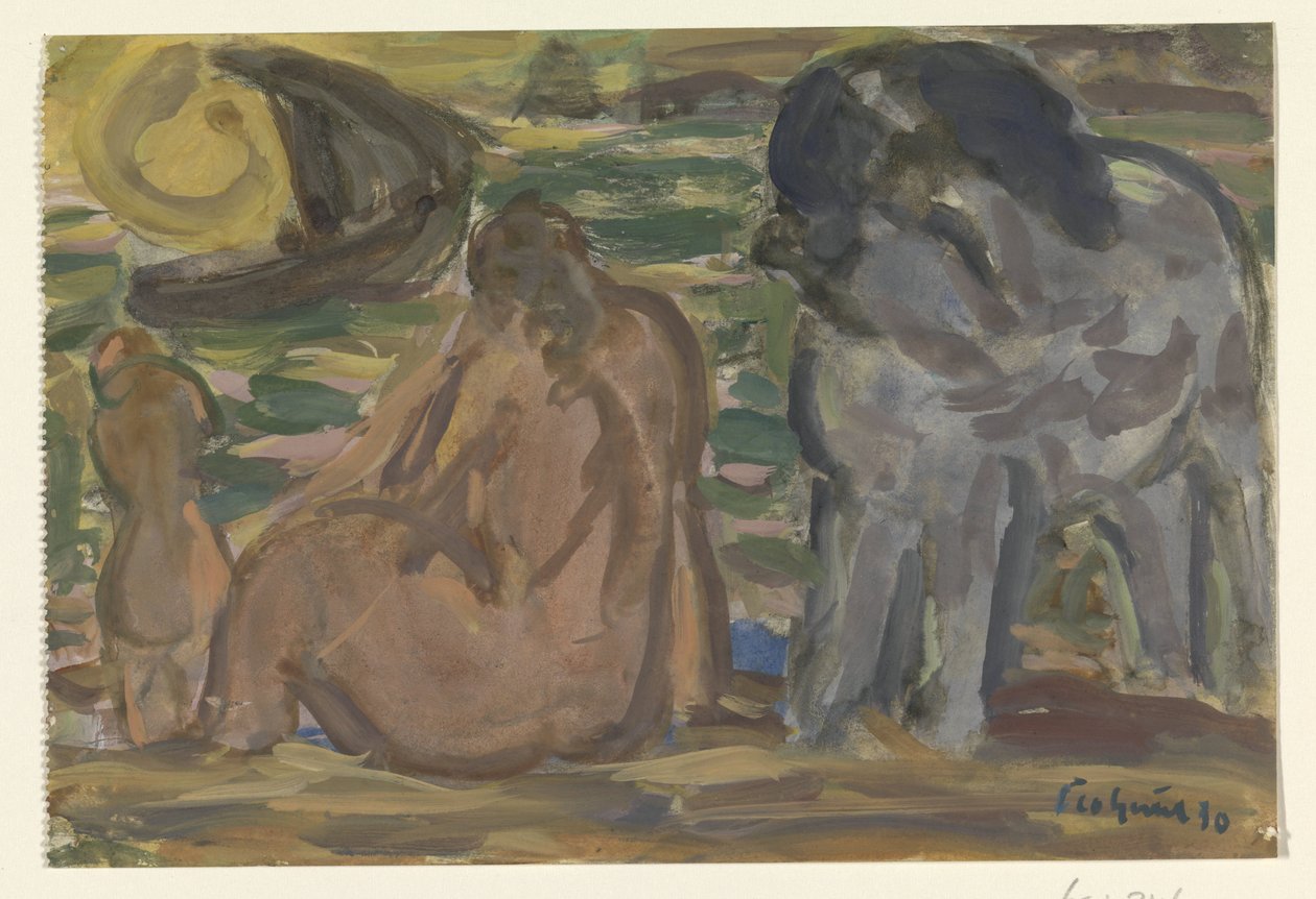 Två nakna figurer och en häst vid havet av Leo Gestel
