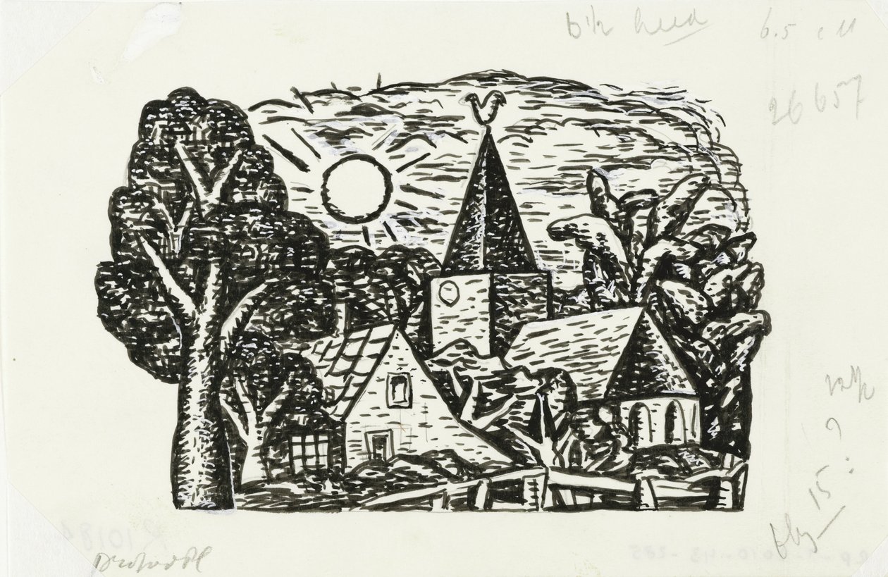 Vinjett för Gestels biografi av prof. W. van der Pluym Utan titel (Byvy med kyrka och sol, vinjett för biografi om Gestel av prof. W. van der Pluym) av Leo Gestel