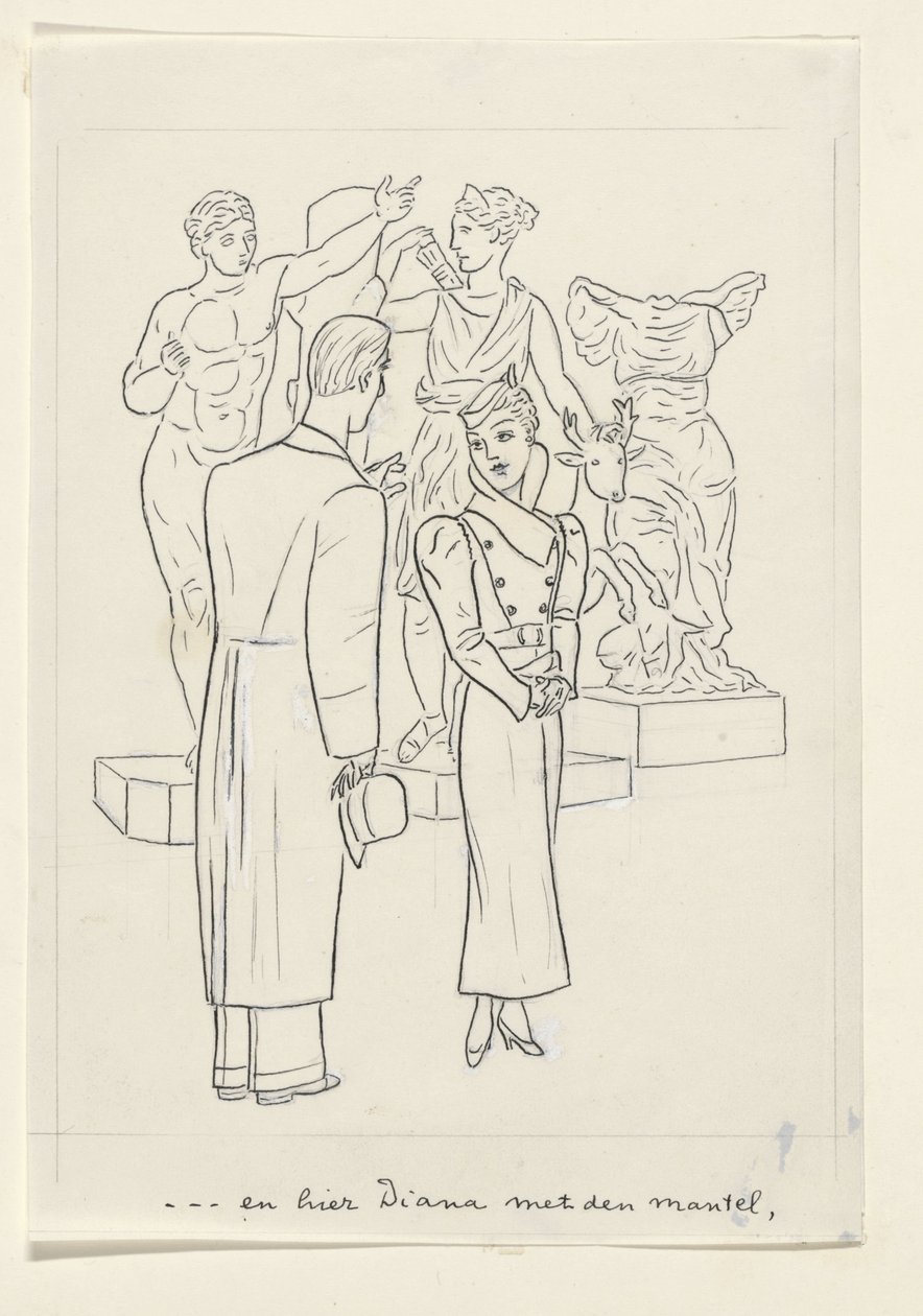 Kvinna och man framför tre statyer av Leo Gestel