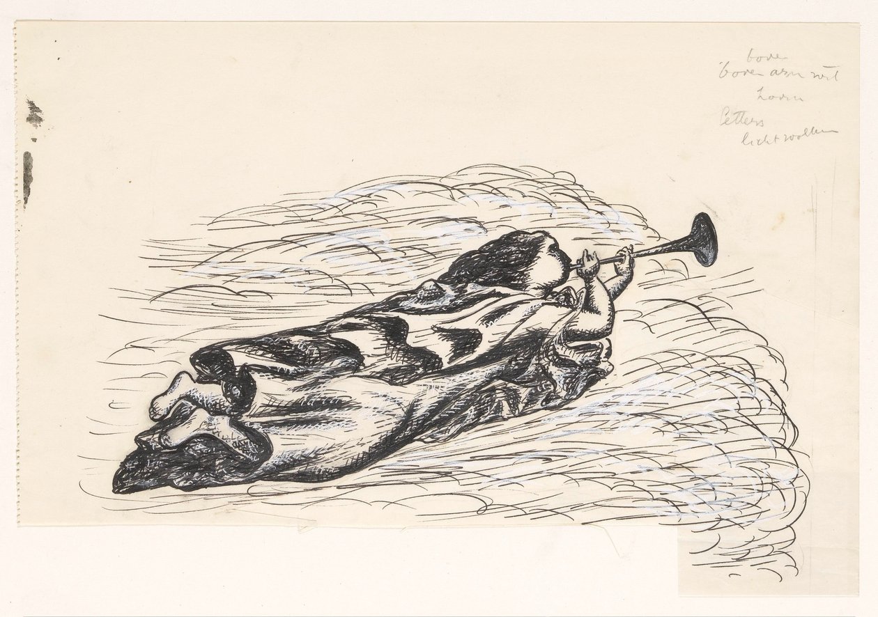 Kvinna med trumpet, flytande på moln av Leo Gestel