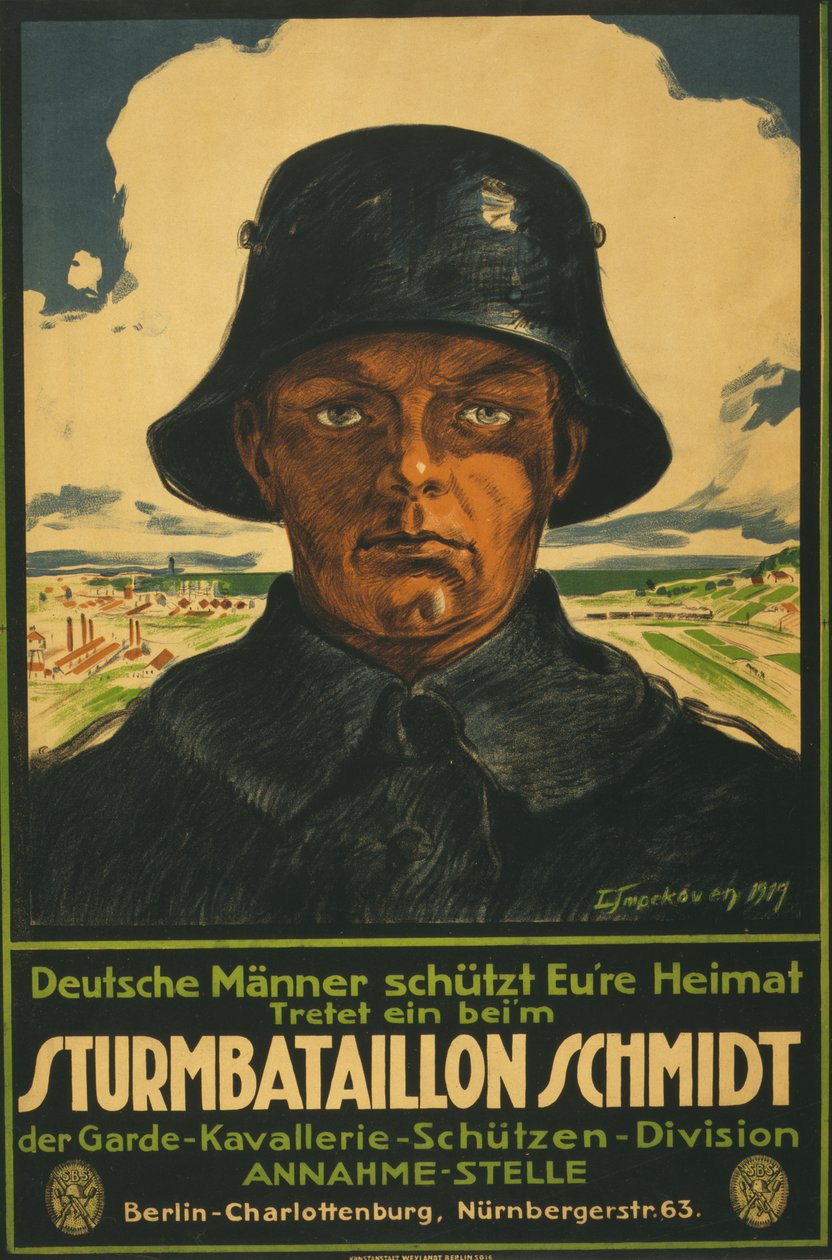 Överfallsbataljon Schmidt; Tyska män skakar ditt hemland! 1919 (färglitografi) av Leo Impekoven