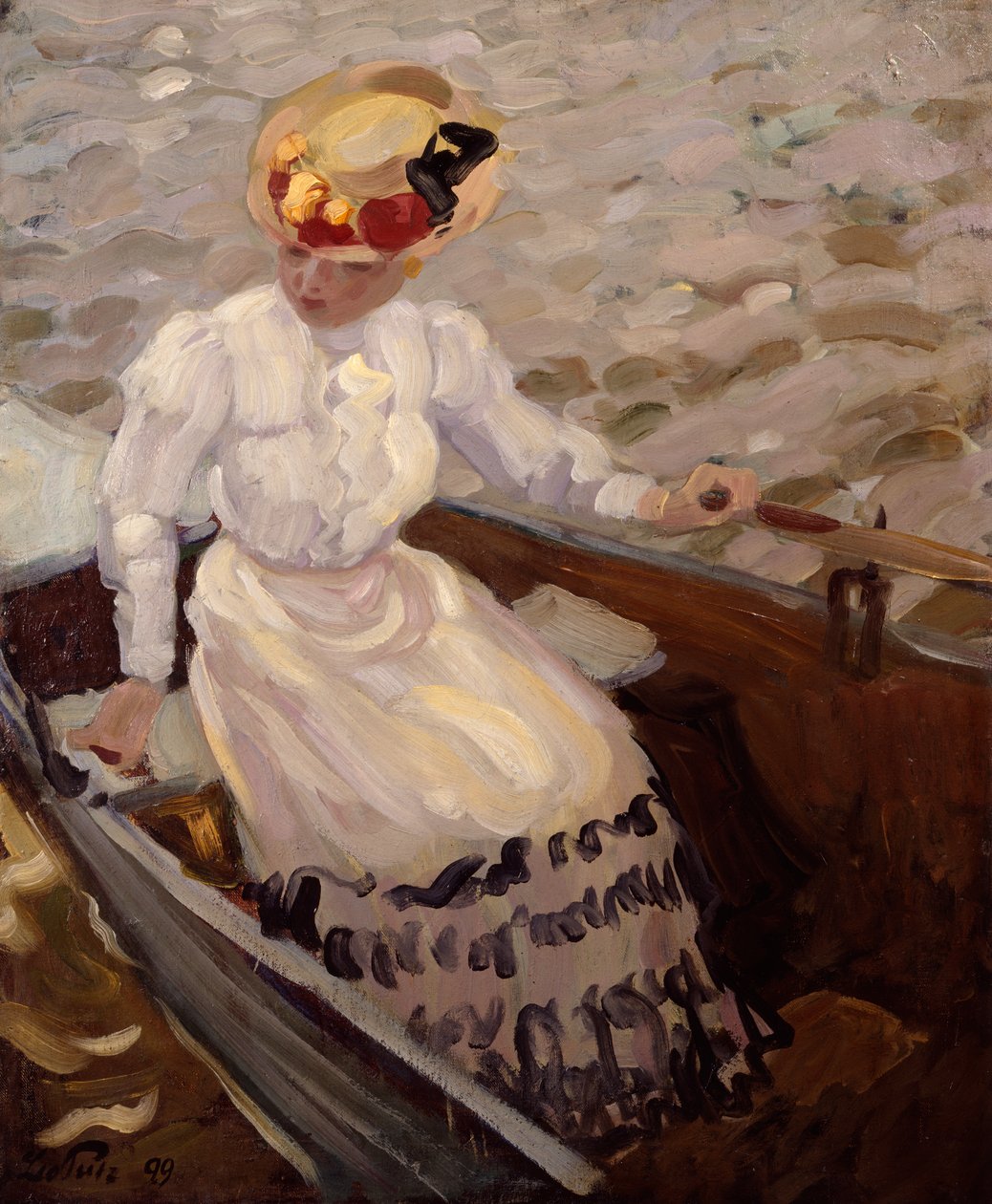 En elegant dam i en roddbåt (olja på duk) av Leo Putz