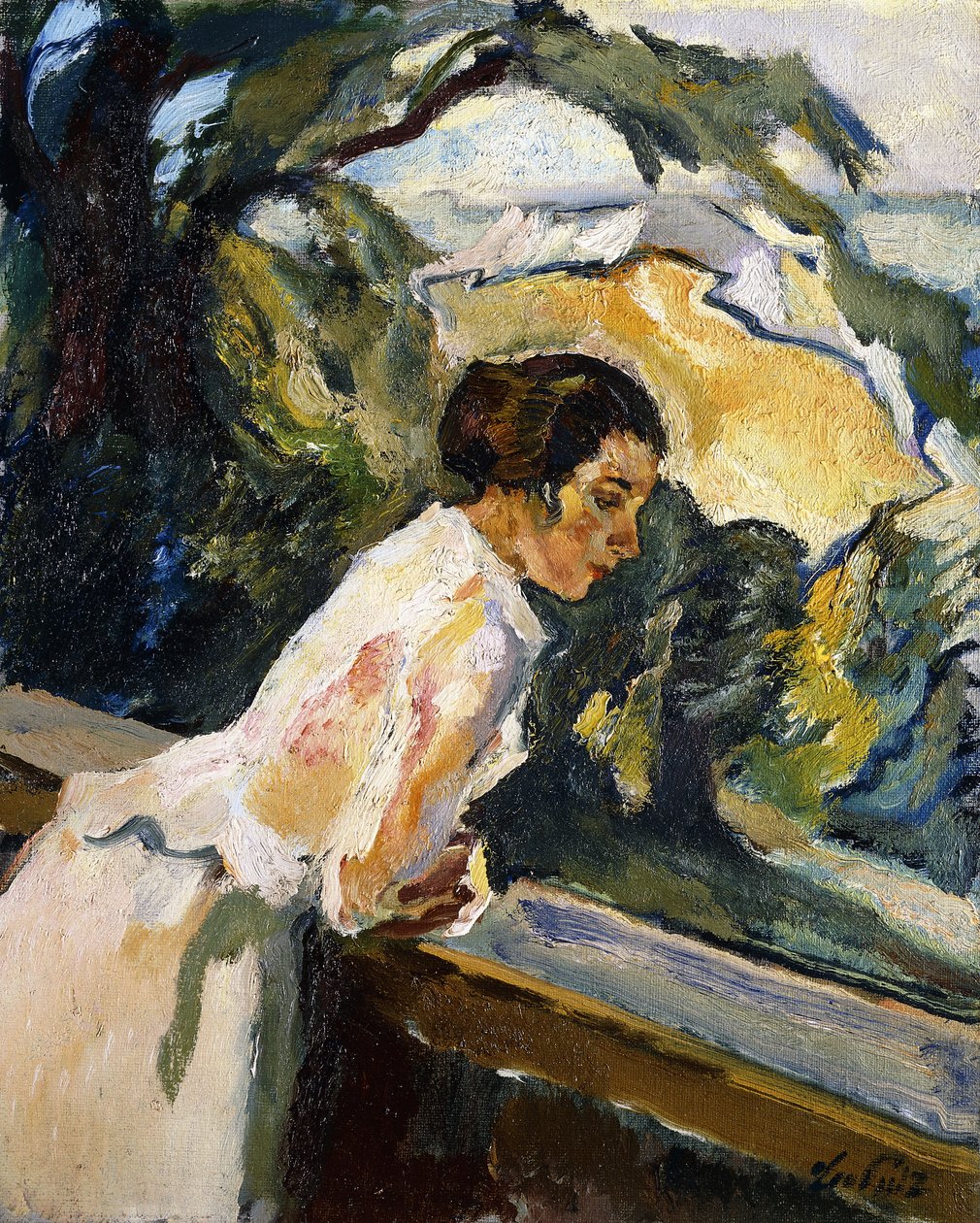 Frieda, konstnärens fru, lutad över balkongen, ca 1919-1922 (olja på duk) av Leo Putz