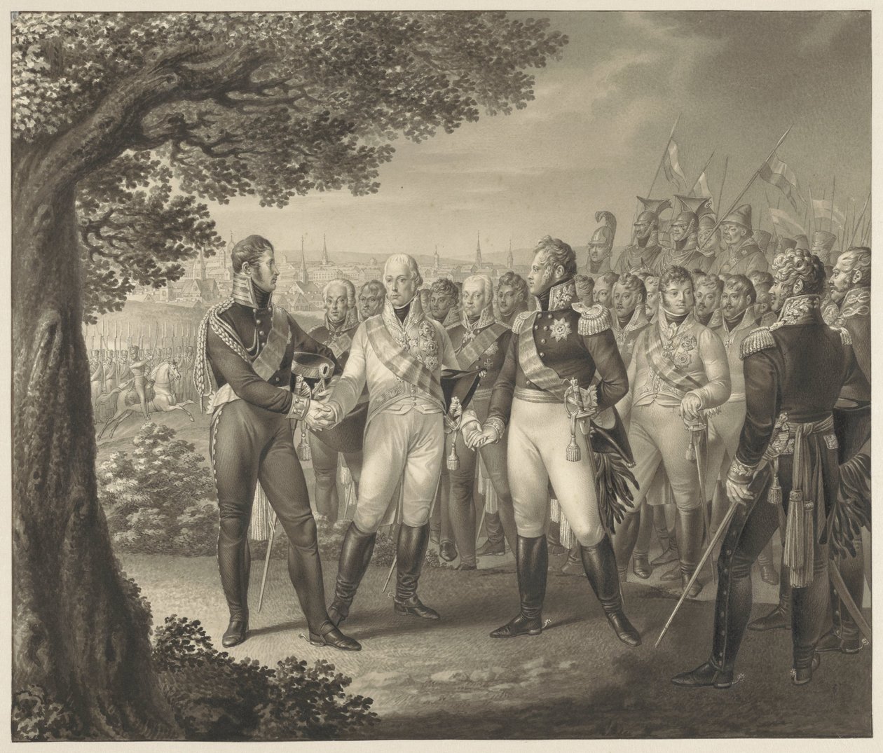 Första mötet för de allierade monarker med deras ministrar i Prag, 18 augusti 1813 av Leo Wolf