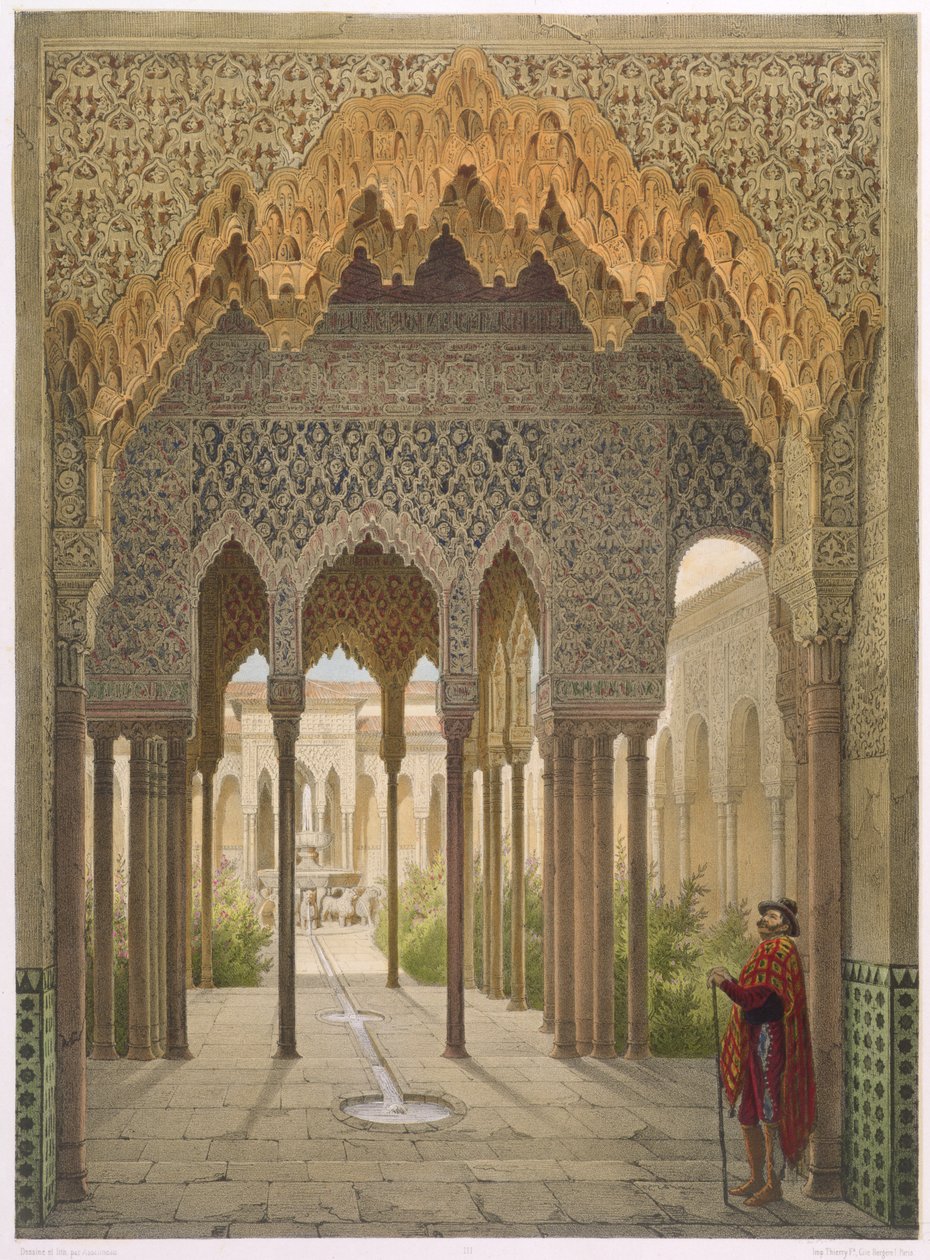 The Court of the Lions, the Alhambra, Granada, 1853 (färgad litho) av Leon Auguste Asselineau
