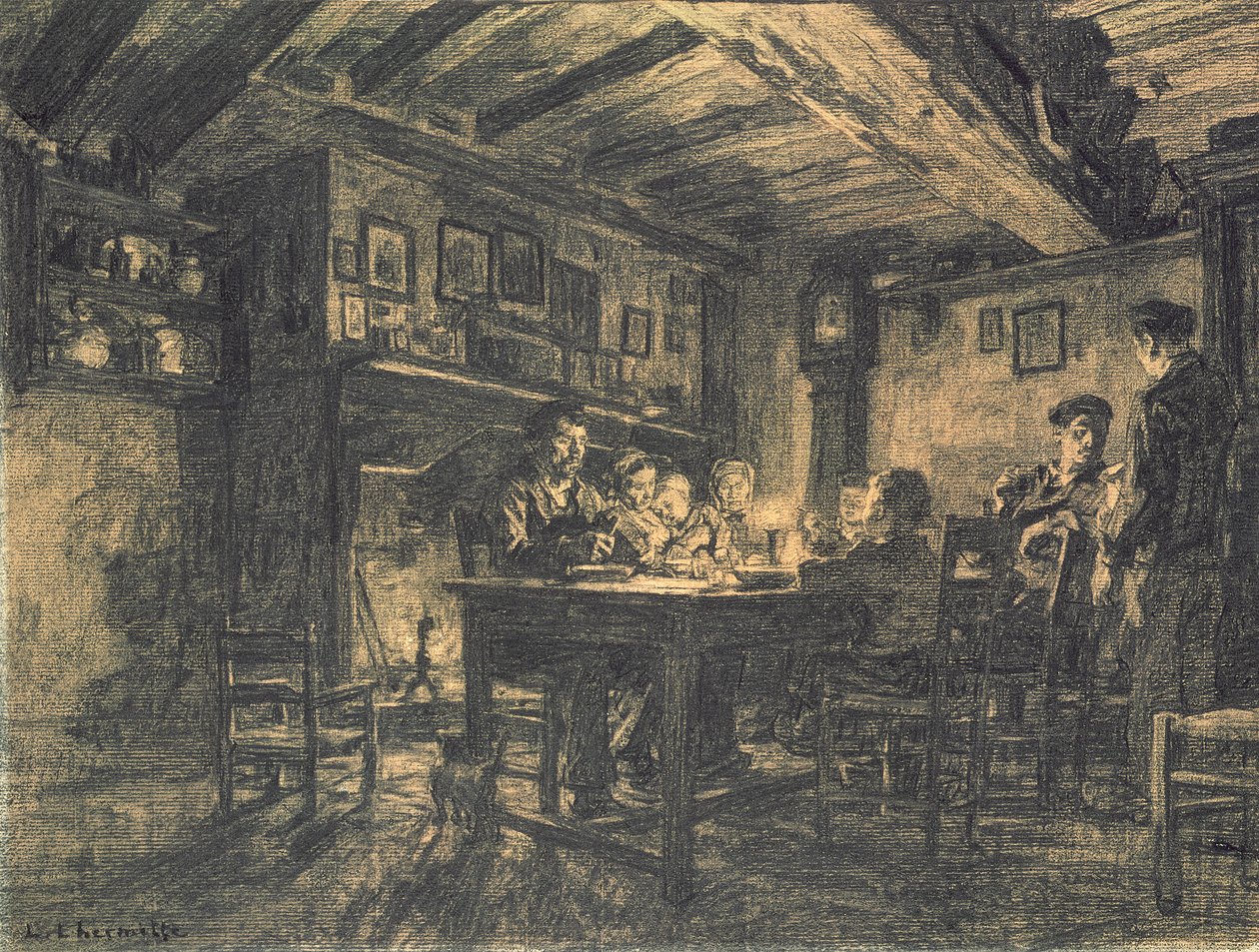 Familjemiddag på kvällen, 1883 (kol på papper) av Leon Augustin Lhermitte