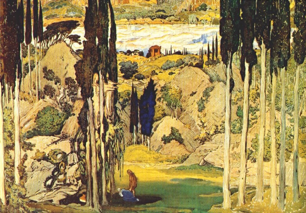  Set design for the world premiere of the ballet Daphnis et Chloe music by Maurice Ravel, Parisn av Leon Bakst