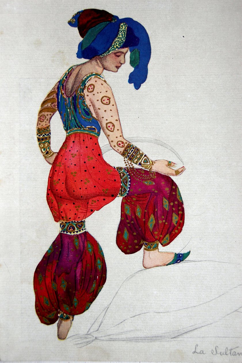 Kostymdesign för den blå sultanen i "Scheherazade", ca 1910 av Leon Bakst