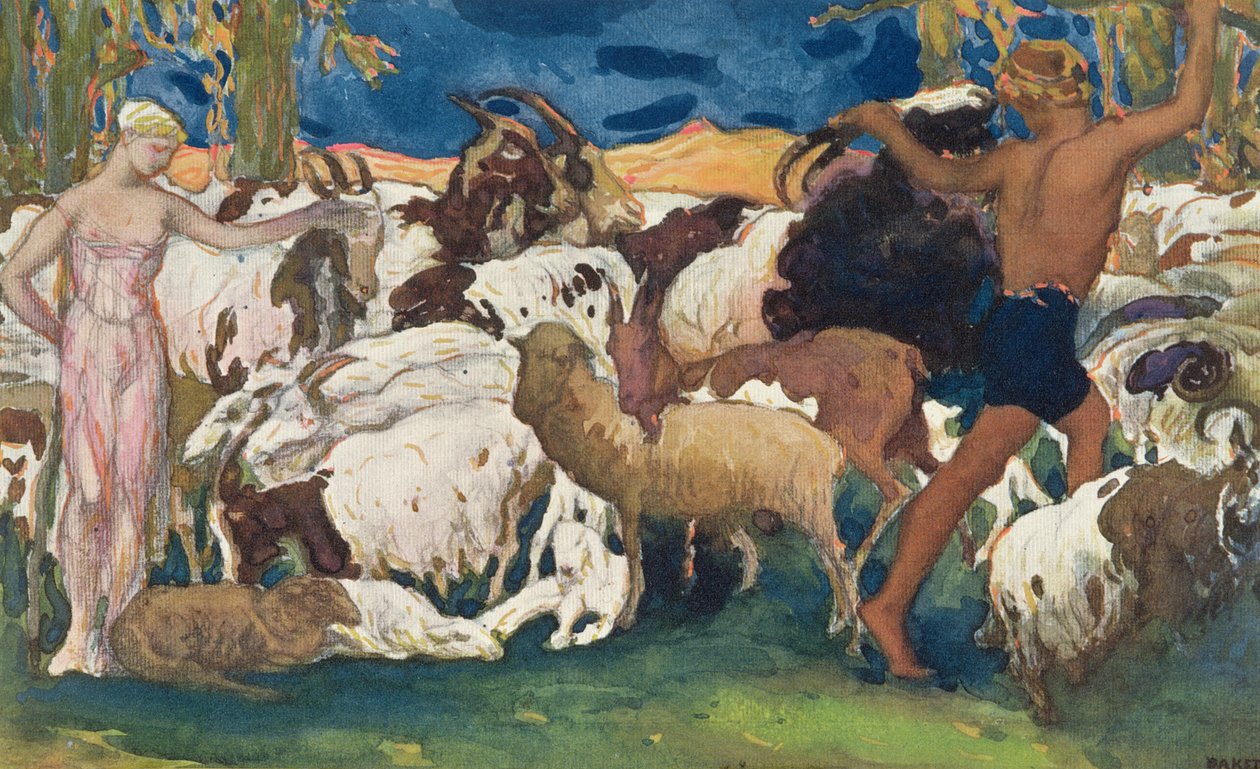 Daphnis och Chloe bjuder varandra godnatt, design för en dekorativ panel, från Daphnis och Chloe, ca 1912 av Leon Bakst